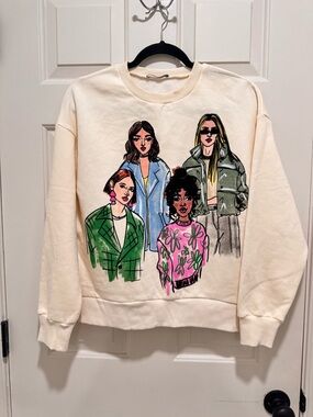 Zara Cream Crewneck Sweatshirt with Colorful Illustrated Women
